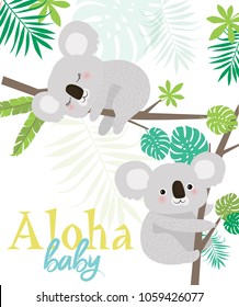 Aloha baby card for Baby Shower party or Birthday with fun koalas. Editable vector illustration