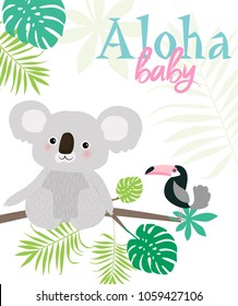 Aloha baby card for Baby Shower party or Birthday with fun koalas. Editable vector illustration