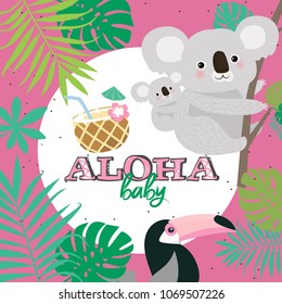 Aloha baby card for Baby Shower party or Birthday with fun koalas. Editable vector illustration