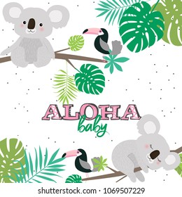 Aloha baby card for Baby Shower party or Birthday with fun koalas. Editable vector illustration