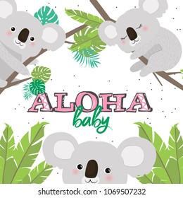 Aloha baby card for Baby Shower party or Birthday with fun koalas. Editable vector illustration