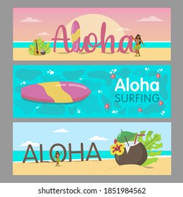 Aloha banners design for Hawaiian resort. Colorful lady dancing on beach and sea water. Hawaii vacation and summer concept. Template for promotional leaflet or brochure