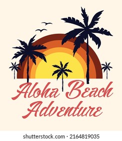 Aloha beach .Adventure.summer vacation on tropical beach Sunset, with Palm trees ,vector illustration
