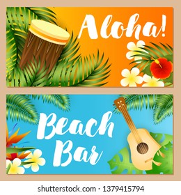 Aloha, Beach Bar letterings set, tropical plants, ukulele, drum. Tourism, summer, vacation design. Handwritten text, calligraphy. For leaflets, brochures, invitations, posters or banners.