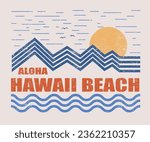 Aloha beach club print design. Hawaii beach wave print design for t-shirt. Mountain vintage artwork for poster, sticker and other. Summer vibes typography.