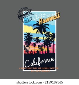 Aloha beach Hawaii in California, typography slogan on palm beach sunset background vector illustration