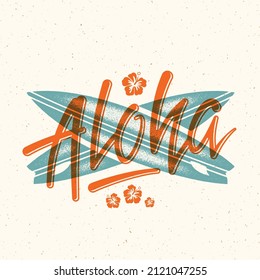 Aloha beach lettering. Havaiian summer tropical sign, label, vintage card template with shabby texture. Crossed surfing boards and hibiscus flowers decorative illustration. Isolated