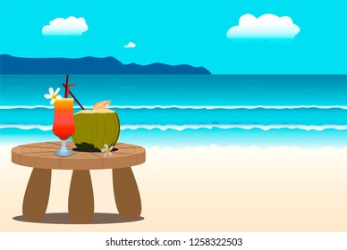 Aloha beach party flyer. Coconut, frangipani flower, alcohol cocktail Sex on the beach on azure coast. Copy space for your text or advertisements. Vector poster design and flyer design illustration.
