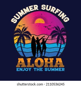 Aloha beach summer surfing vintage t-shirt design for couple lover