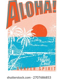 Aloha praia pôr do sol gráfico com impressão palmeira