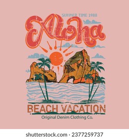 Aloha beach vacation vintage retro T-shirt prints, vintage-inspired graphics tee, 