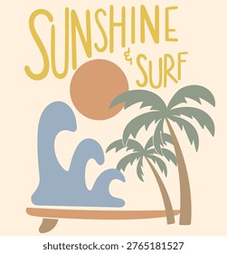 Aloha Beach Vintage surf board with palm trees with Long beach, summer vibes hand drawn graphic design