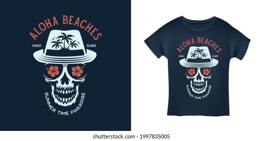 Aloha beaches quote fancy skull in summer hat t-shirt print. Hawaii islands text typography. Vacation related apparel design. Vector vintage illustration.