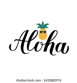 Aloha calligraphy brush lettering and cartoon pineapple. Summer holidays concept. Hand written Hawaiian language phrase hello. Vector template for logo design, banner, poster, flyer, t-shot.