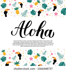 Aloha calligraphy hand lettering with colorful dots confetti. Vector template for greeting card, flyer, sticker, banner, invitation. 