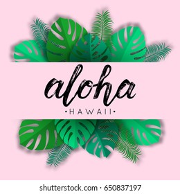 Aloha calligraphy vector illustration with tropical leaves