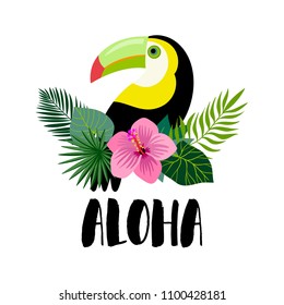 Aloha card design with toucan, exotic plants and hand lettering