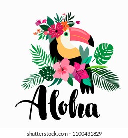 Tarjeta Aloha/diseño de invitación con estampado de flores toscanas, exóticas y letras a mano, aislado en blanco