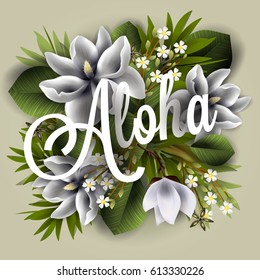 Aloha card with magnolia flowers and tropical leaves 3d