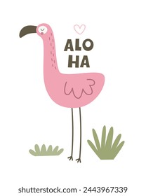 aloha. Cartoon flamingo, decor elements, watermelon, pineapple, tropical leaves, hand drawing lettering. colorful summer vector illustration, flat style. Doodle phrase. design for print, greeting card