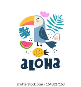 aloha. Tocan de caricatura, elementos decorativos, sandía, piña, hojas tropicales, letras de dibujo a mano. ilustración vectorial de verano colorida, de estilo plano. Frase de perro. diseño para impresión, tarjeta de felicitación, 