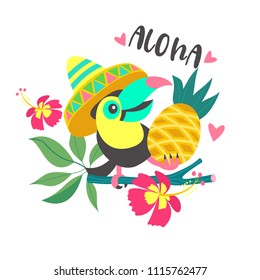 Aloha. A cheerful colorful Toucan in a Mexican hat sits on a tree branch and holds a pineapple in its paw. Bright summer illustration.
