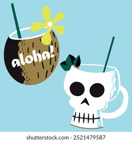 ALOHA COCKTAIL SKULL CUP AND COCONUT VECTOR