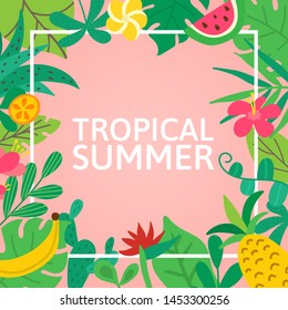Aloha concept. Hand drawn lettering on pink background. Tropical leaves, fruits and flowers for poster, banner, flyer. Summer composition with white frame. Hawaiian greeting. Vector illustration.