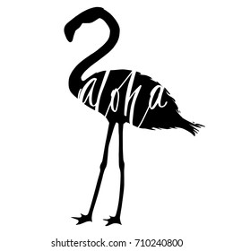 Aloha. Creative lettering quotes in the Flamingo shape. Vector illustration. For cards, posters, banners.