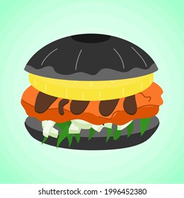 aloha crispy chicken with BBQ sauce black burger isolated on shiny sea background, culture food vector illustration design.