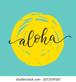 Aloha - cute summer hand drawn lettering with sun decoration. Vector typography design isolated on white background.