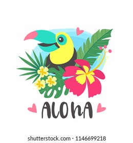 Aloha. A cute Toucan sits among tropical leaves and flowers. Vector illustration isolated on white background.