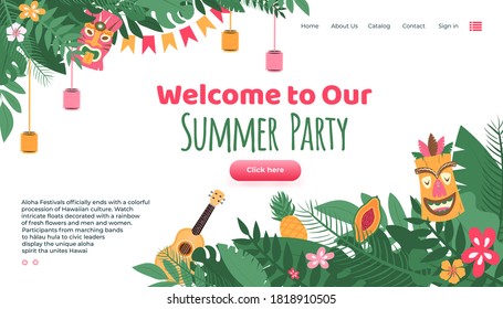 Aloha festival summer party landing page for website decorated with traditional masks and hawaiian guitar with flowers and plants, flat cartoon vector illustration