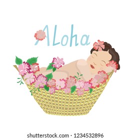Aloha flat hand drawn lettering. Newborn baby lies and sleeps in a basket with tropical flowers. Gender reveal party vector greeting card. Baby shower, arrival celebration invitation card. Vector.