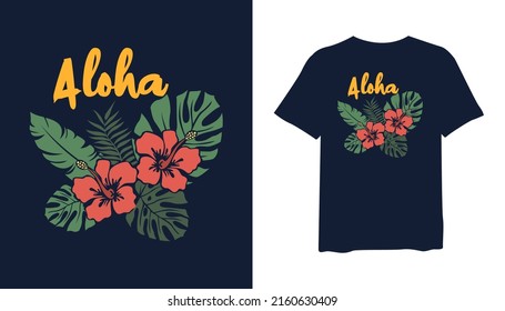 Aloha with flower and tropical leaf, stylish t-shirts and trendy clothing designs with lettering, and printable, vector illustration designs.