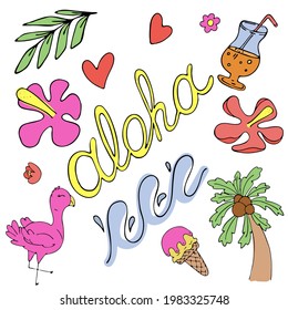 Aloha, Blumen, Palmen, Wellen, Vektorset von farbigen Doodle-Elementen