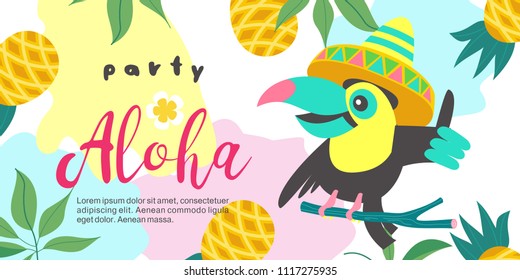 Aloha. Funny Toucan in a Mexican hat sits on a tree branch among tropical pineapple fruits. Tropical Paradise party. Colorful vector illustration, invitation to a party. Illustration in tropical style
