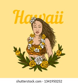 Aloha! Girl With Long Hair And Garland Of Flowers Around Her Neck. Sketch. Engraving Style. Vector Illustration.