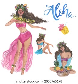 Aloha girl, watercolor Hawaiian illustration. Vector isolated elements.