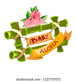 Aloha. A green bamboo sign for a summer bar. Illustration and design for resorts, coastal hotels.