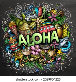 Aloha handgezeichnet Cartoon doodle Illustration. Hübsches hawaiianisches Design. Kreative Kunst, Vektorhintergrund. Handgeschriebener Text mit Elementen und Objekten. Kopfkarton-Zusammensetzung