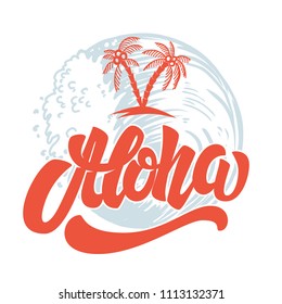 Aloha. Hand drawn lettering with sea waves background. Design element for poster, print, card, emblem, sign. Vector image