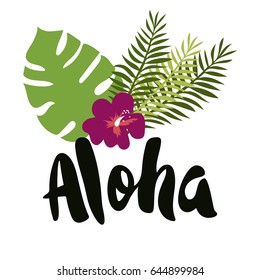 Aloha hand drawn lettering with tropical leaves. Vector illustration.