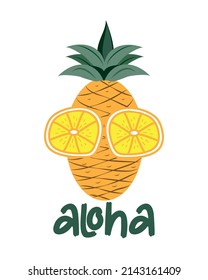 Aloha - piña dibujada a mano en gafas de sol de limón. Es bueno para la impresión de camisetas, afiche, tarjeta, pancarta, etiqueta y otra decoración.