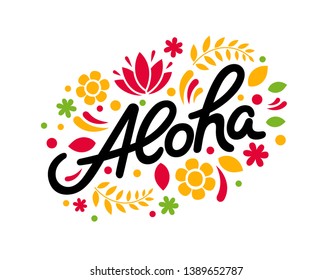 Aloha hand lettering, custom writing letters isolated on white background, Hawaiian language greeting typography, vector type design illustration.