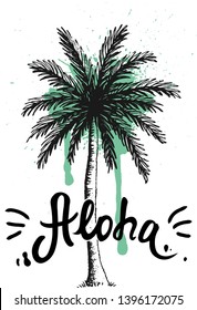 Aloha hand lettering, Hawaiian language greeting typography. Hand drawn palm tree with paint splatter. Vector illustration for t-shirts, textile, fashion banners, cards, posters.