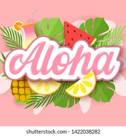 Aloha hand lettering on paper cut background with palm leaves, watermelon and citrus, tropical 3d design. Vector illustration. Tropical typography design.