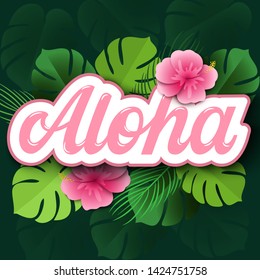 Aloha hand lettering on paper cut background with palm leaves and hibiscus flowers, tropical 3d typography design. Vector illustration.