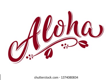 Aloha hand lettering text with hibiscus flower. Hawaii floral t-shirt print. Monochrome isolated summer hello phrase. Vector template for poster, greeting card, bags, beach party invitation