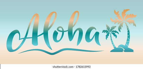 Aloha hand lettering text with palm trees. Hawaii summer t-shirt print. Colorful isolated summer hello phrase. Vector template for poster, greeting card, bags, beach party invitation